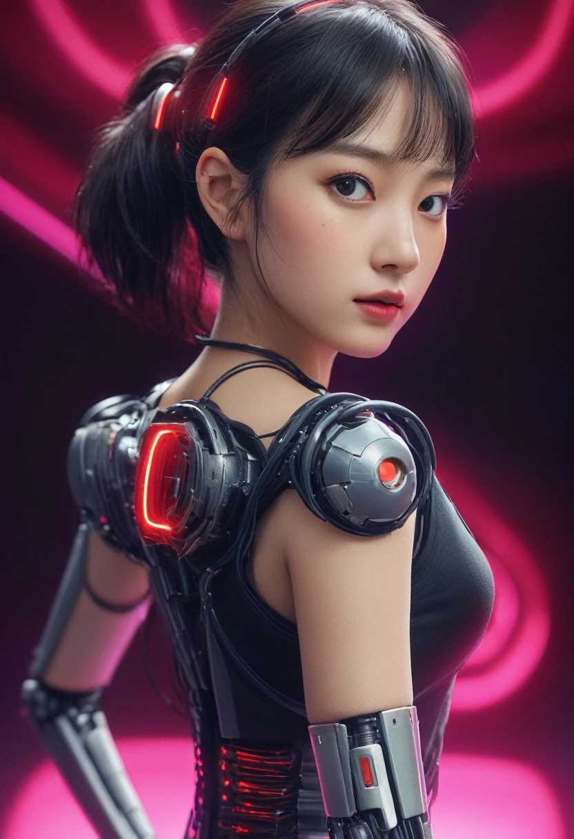xxmixgirl. Highly detailed professional 35mm film, bokeh, face in sharp focus. A robotic female, Miku, with ((metal skin)), ((perfect Asian eyes)) with magenta irises and ((black pupils)), beautiful serious (detailed face), 18 year old ((photorealistic face)), very long magenta twin tails of magenta hair, twin black hair ties with a single red stripe. She may have a black audio headpiece. We can see her ((full body)) down to her boot soles. Her outfit is a sleeveless collared light grey shirt, outlined in red around the frilled collar and hems. Shiny reflective ((metallic breast cups, dimpleless)), invisible nipples. She wears black sleeves with red hems that start around her upper arm and bellow out as the sleeves open and extend to her wrists, with wide trumpet red rimmed cuffs. She has perfect robotic (detailed hands). She wears a red colored tie with two horizontal solid parallel black lines halfway across. She wears a fabric black skirt with a horizontal red hem at the bottom all the way around; her (((black skirt wraps around her))) and ((her skirt completely covers)) her robotic waist and thighs. Tall black boots with red bottom soles, a red rim around the top at her thighs. Her mechanical shoulder joints are visible. We can see her robotic legs and robotic neck. Half of her is covered with shiny polished machinery. The background is a distant dark neon futuristic Japanese city, gold, cyan, violet neon, near harbor or mountains.