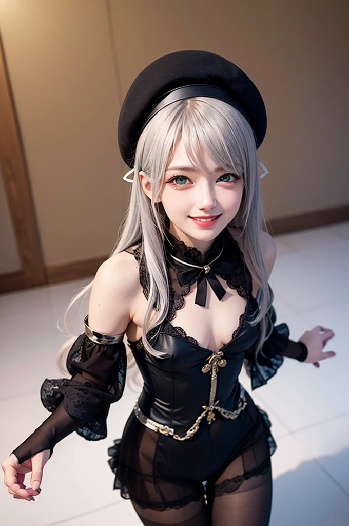 nsfw,Small breasts,Silver Hair,Hair above one eye,Green Eyes,smile,tights, ((Idol Costume)),Removable sleeves,beret,ribbon,(masterpiece,Best image quality,Highest quality)
