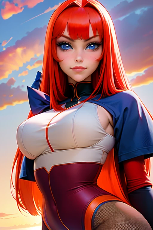 1girl, (solo:1.2), (portrait:1.6), (close-up:1.3), (looking at viewer:1.3), (gazing), (frontal), (beautiful detailed eyes:1.5), (subtle smile:1.2), happy, (closed mouth:1.2), (masterpiece:1.3), (best quality:1.3), (perfect anatomy:1.4), highly detailed, (orange sky:1.2), (cowboy scenery:1.2), (sunset:1.4), outside, summer, (red hair:1.4), (straight hair:1.5), (long hair:1.5), (bangs:1.5), (blue eyes:1.2), (large breasts:1.3), (wide hips:1.3), beautiful face, beautiful eyes, kittew, soft shading, charming face, (semi-realistic:1.2), detailed shading