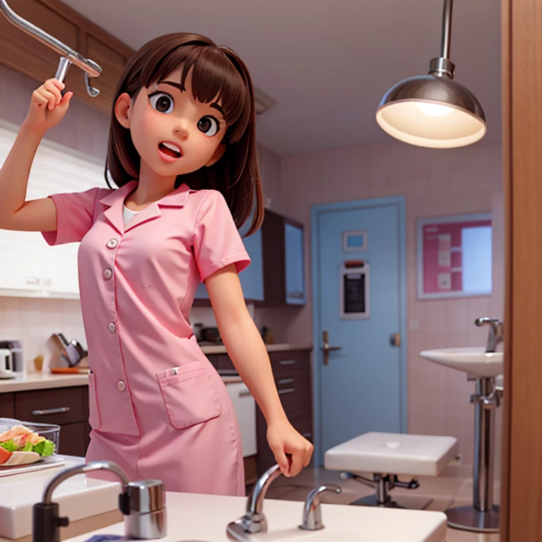 A girl in a dentist's office, with bright and spacious surroundings, Sitting comfortably in the dentist’s chair, with a friendly and reassuring dentist, wearing a white lab coat and face mask. The girl has beautiful, detailled eyes, a cute button nose, and a confident smile, that reveals her healthy teeth. The dentist carefully examines your teeth and uses gentle tools, to clean them and ensure good oral health. The atmosphere is calm and peaceful, with gentle background music to relax the patients. The room is well lit with natural light through large windows, Creating a pleasant and welcoming atmosphere. The walls are decorated with colorful educational posters about oral hygiene and dental care. The equipment and instruments used by the dentist are modern and state-of-the-art, reflects professionalism and expertise. The overall scene has a realistic and photorealistic quality, with vivid colors and sharp focus, Recording every detail of the dental practice. The focus is on providing the best possible care for patients, and ensure comfort and well-being throughout the entire dental visit.