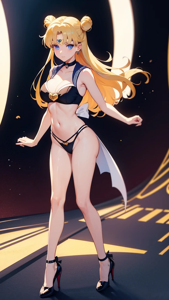 Sailor Moon anime character, adult woman, blond hair, blue eyes, long hair with two buns, heart-shaped face with black lingerie and high heels on a catwalk with an audience in the background 