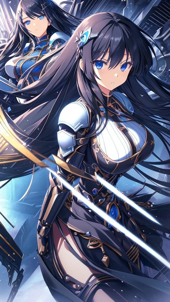 best quality, extremely detailed,anime style girl,long hair down to the waist, straight hair, ((dark black hair with bluish)),braid,beautiful detailed eyes, pinched eyes, (dark blue eyes),huge breasts,curvy,((((mechanical battle dress)))),clothing with complex patterns,hair ornament,cool expression,dynamic pose,((mysterious place)),dynamic angle