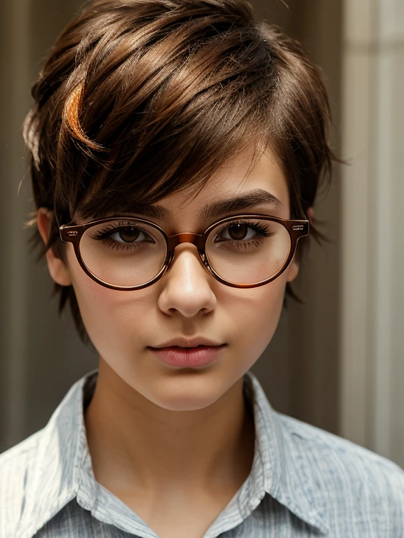 (masterpiece, Best quality:1.2), 1 young tomboy girl, 22, One, Russian chubby brown-eyed girl in glasses with aesthetic small breasts and beautiful erect nipples, Beautiful realistic eyes, round face, round cheeks, small round chin, wide cheekbones, beautiful proportional small wide nose, Plump lips, closed mouth, expressive brown eyes, long eyelashes, glasses with lenses, A little crazy look, sparkle in the eyes, spiky tousled dark brown tousled slightly wavy short hair, hair combed into a mohawk, highlighting individual strands of hair in fiery orange color, realistic highlighting, (Stylish, loose-fitting linen button-down shirt), I don't wear a bra because it's hot, beautiful muscular arms, Graceful fingers, velvety skin, photograph of the upper body from the waist up, high quality human skin textures, realistic hair, Beautiful face, Ideal Anatomy, realistic textures, maximum realism of clothing textures, realistic glasses with distorting lenses, medium shot(photograph from a distance of several meters), free pose, medium shot