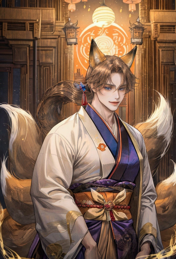 handsome kitsune hybrid man, 30 years-old, fair skin, ((long silky light brown hair)), blue eyes, ((fox ears)), ((fox tail)), wearing silk kimono, lean, athletic, seductive smirk, japanese environment, best quality