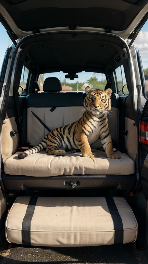Un bebe tigre allongé sur la banquette arriere dune voiture