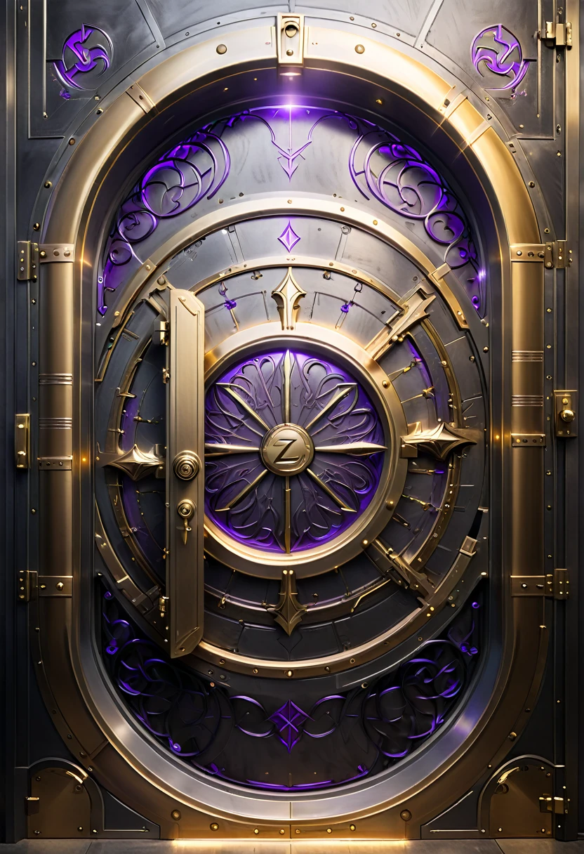 Create a mystical vault door with intricate, glowing tech runes etched into its metallic surface. The vault is slightly ajar, casting a warm golden light that highlights the advanced gadgets inside. Above the vault, place the text 'Z' in a flowing, elegant font that matches the magical aesthetic. Use a color scheme that includes deep purples, golds, and dark grays to convey a sense of mystery and high technology