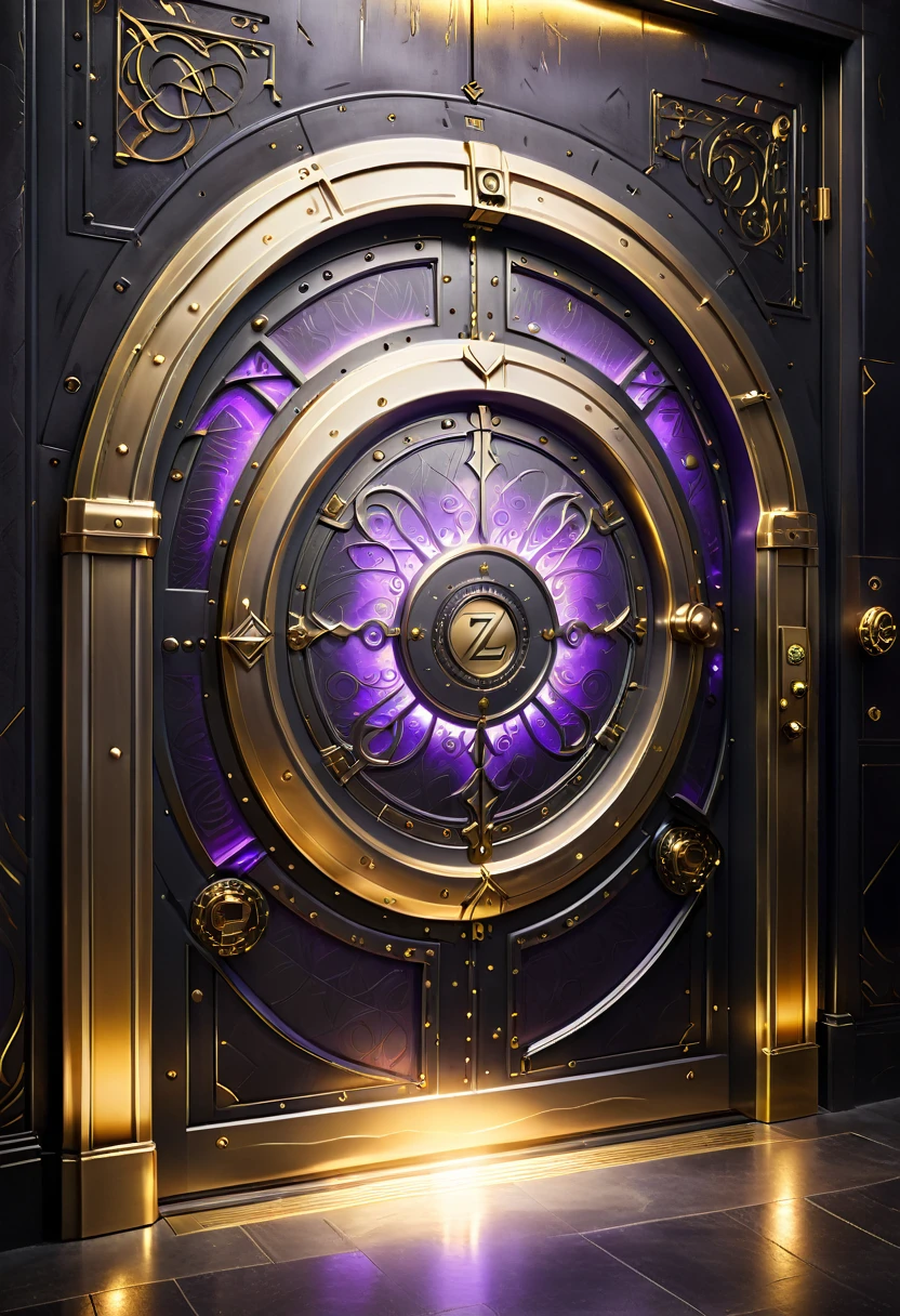 Create a mystical vault door with intricate, glowing tech runes etched into its metallic surface. The vault is slightly ajar, casting a warm golden light that highlights the advanced gadgets inside. Above the vault, place the text 'Z' in a flowing, elegant font that matches the magical aesthetic. Use a color scheme that includes deep purples, golds, and dark grays to convey a sense of mystery and high technology