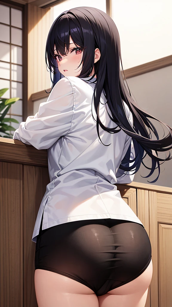 18 year old Japanese girl, wearing white shirt and black underwear, with glossy black hairs, Showing her ass