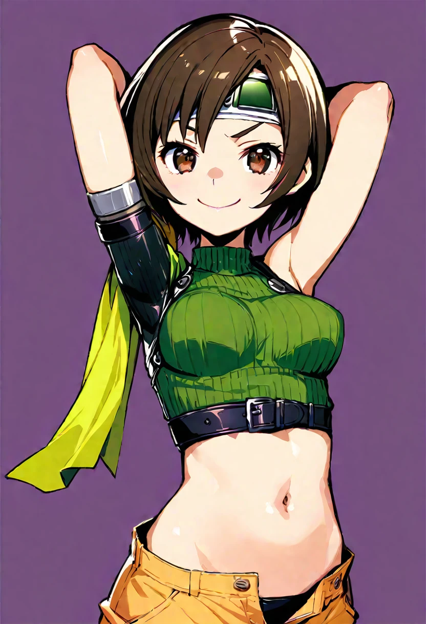 score_9, score_8_up, score_7_up,,BREAK , ,navel below view.,mediumshot,arms up,arms behind head.,looking_at_viewer,1girl, yuffie kisaragi, final fantasy, short hair,headband,navel,sleeveless,turtleneck,brown eyes,sleeveless turtleneck,solo,breasts,looking at viewer,smile,gloves,crop top,brown hair,shorts,midriff,,sweater,open fly,fingerless gloves,ribbed sweater,medium breasts,,smile,smug,best quality,aesthetic,very aesthetic,masterpiece,(high-resolution), 