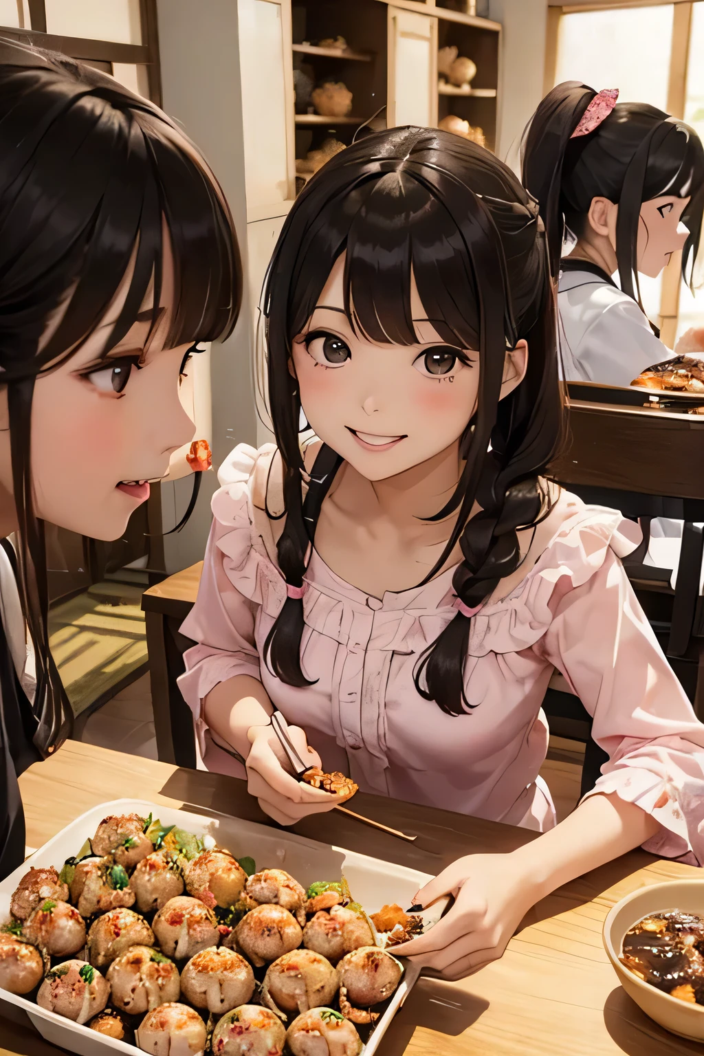 Highest quality、High resolution、Detailed Background、(Beautiful face in every detail:1.4)、Anatomically correct、(Hide your fingers:1.2)、(Detailed facial expressions)、age beauty、Highly detailed face、Brown Hair、Black Hair、Braided Ponytail、Braided bob cut、Cute hairstyle、In a joking manner、A fun atmosphere、A big smile、smile、cute gesture、
(Girls enjoying takoyaki with friends at home:1.5)、
I feel excited and happy.、Enjoying takoyaki with friends、
A lively house after school、My friends came together、Let's all start preparing、
Put the takoyaki maker on the table、Choose your favorite ingredients、While talking happily、Let's all bake together、
Tomato Onion Bell pepper、Chiu, Mentaiko, Cheese、Second-rate々And the takoyaki is complete.、「delicious!」"、Add your favorite sauce、Let's all smile and stuff our cheeks、As the conversation flows、A fun time flows、cute