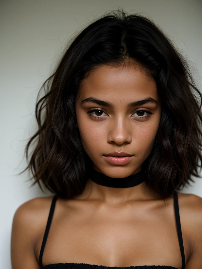jeune fille noire, 20 ans, brésilienne matte cheveux bouclées et long , yeux rond, visage arrondis, cheveux bruns, yeux verts, couleur de peau noire, regard drageur, africaine, cheveux bouclés
