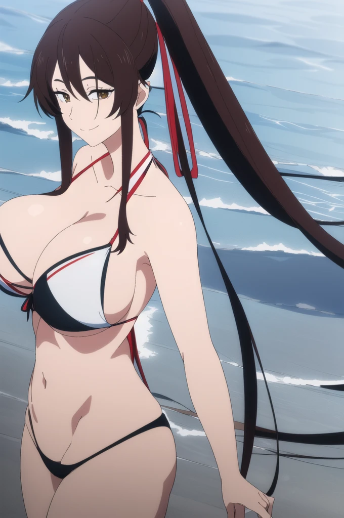 (masterpiece), (best quality), asaemon_sagiri, 1girl, solo, long_hair, black_hair, hair_between_eyes, brown_eyes, ponytail, sidelocks, high_ponytail, breasts, looking_at_viewer, blushed smile, large_breasts, cleavage, bare_shoulders, collarbone, standing, hands behind head, black underwear, from_below, breasts, large breasts, big breasts, huge breasts, big tits, giant breasts, small bikini, bikini, white bikini, bare shoulders, bare arms, beach, ocean, underboob, island background