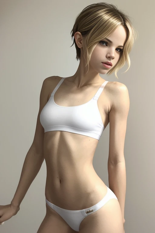 half body shot photo of HalstonSage, wearing a bra and white micro panties , her hair is styled as fluffy pixie, runners slim body, medium breatst, very sexy