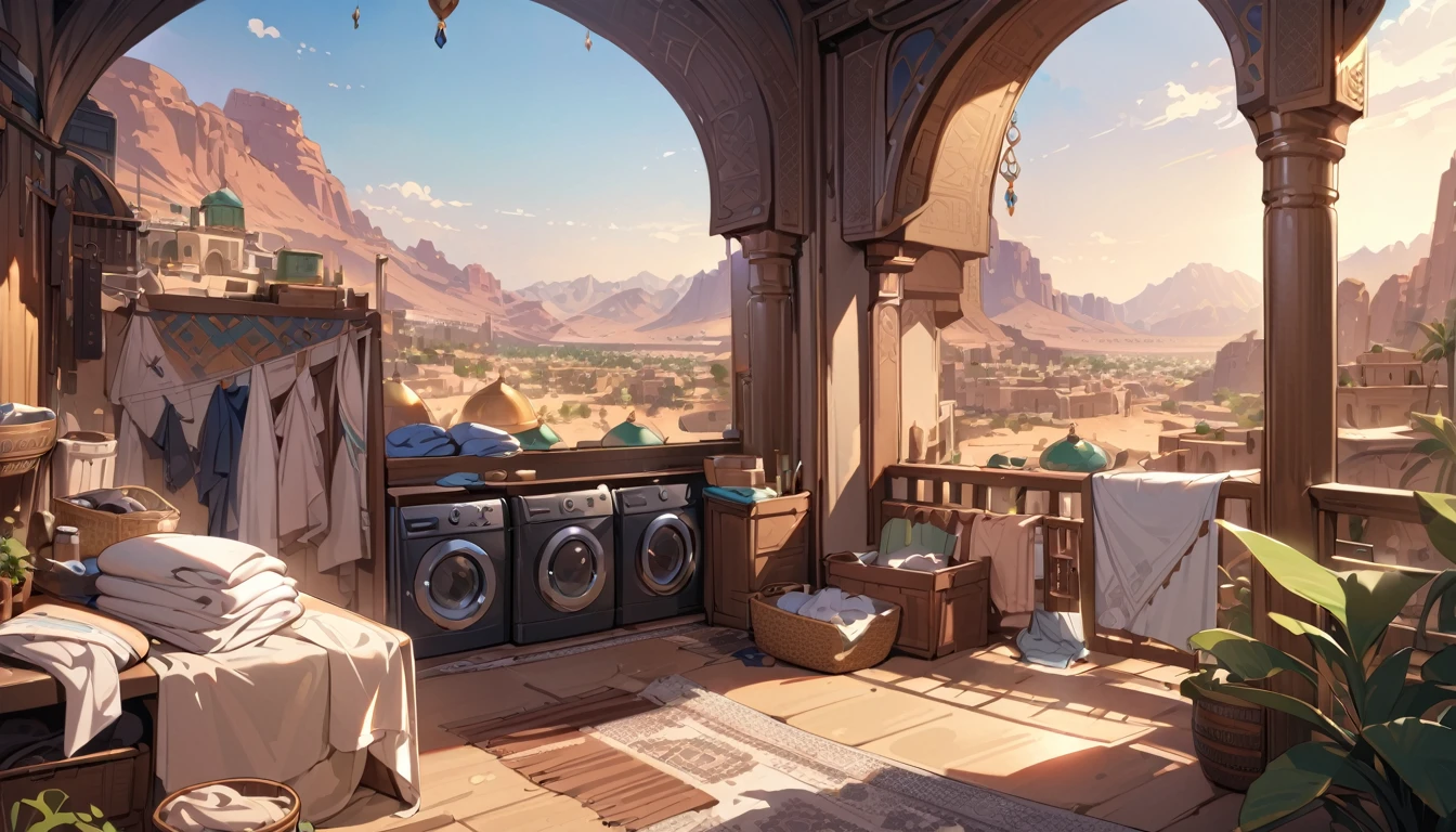 masterpiece, best quality, detailed, beautiful, 4K, FHD, highres,landscape,Arabia, fantasy,In the city,Home,Laundry,There are no humans
