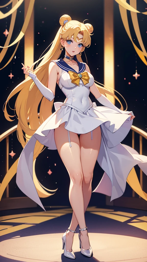Sailor Moon anime character, adult woman, blond hair, blue eyes, long hair with two buns, heart-shaped face with white lingerie and high heels on a catwalk with an audience in the background
