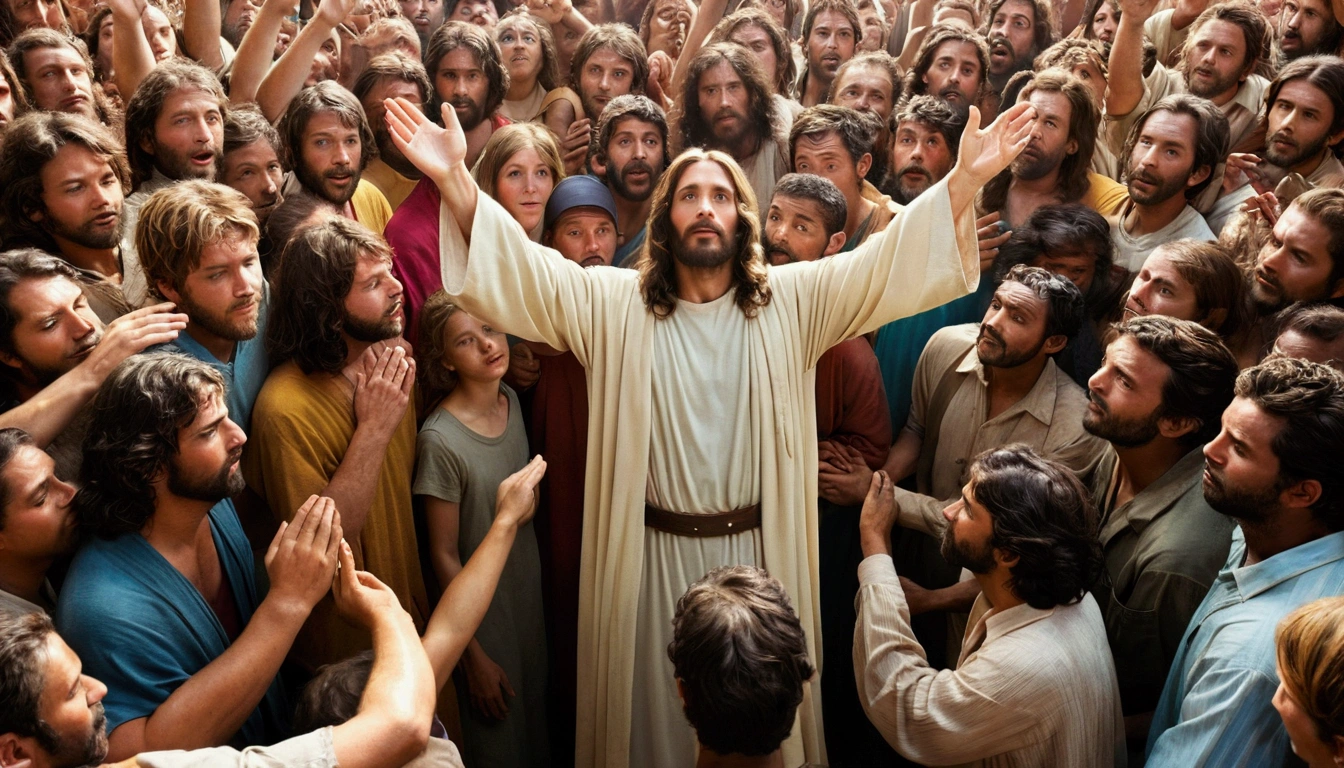 Jesus in the middle of a crowd healing people