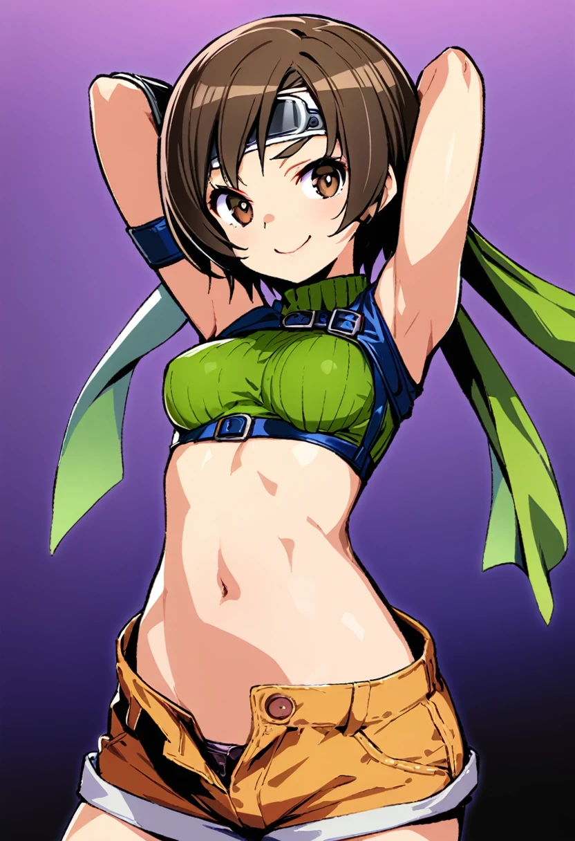 score_9, score_8_up, score_7_up,,BREAK , ,navel below view.,mediumshot,arms up,arms behind head.,looking_at_viewer,1girl, yuffie kisaragi, final fantasy, short hair,headband,navel,sleeveless,turtleneck,brown eyes,sleeveless turtleneck,solo,breasts,looking at viewer,smile,gloves,crop top,brown hair,shorts,midriff,,sweater,open fly,fingerless gloves,ribbed sweater,medium breasts,,smile,smug,best quality,aesthetic,very aesthetic,masterpiece,(high-resolution), 