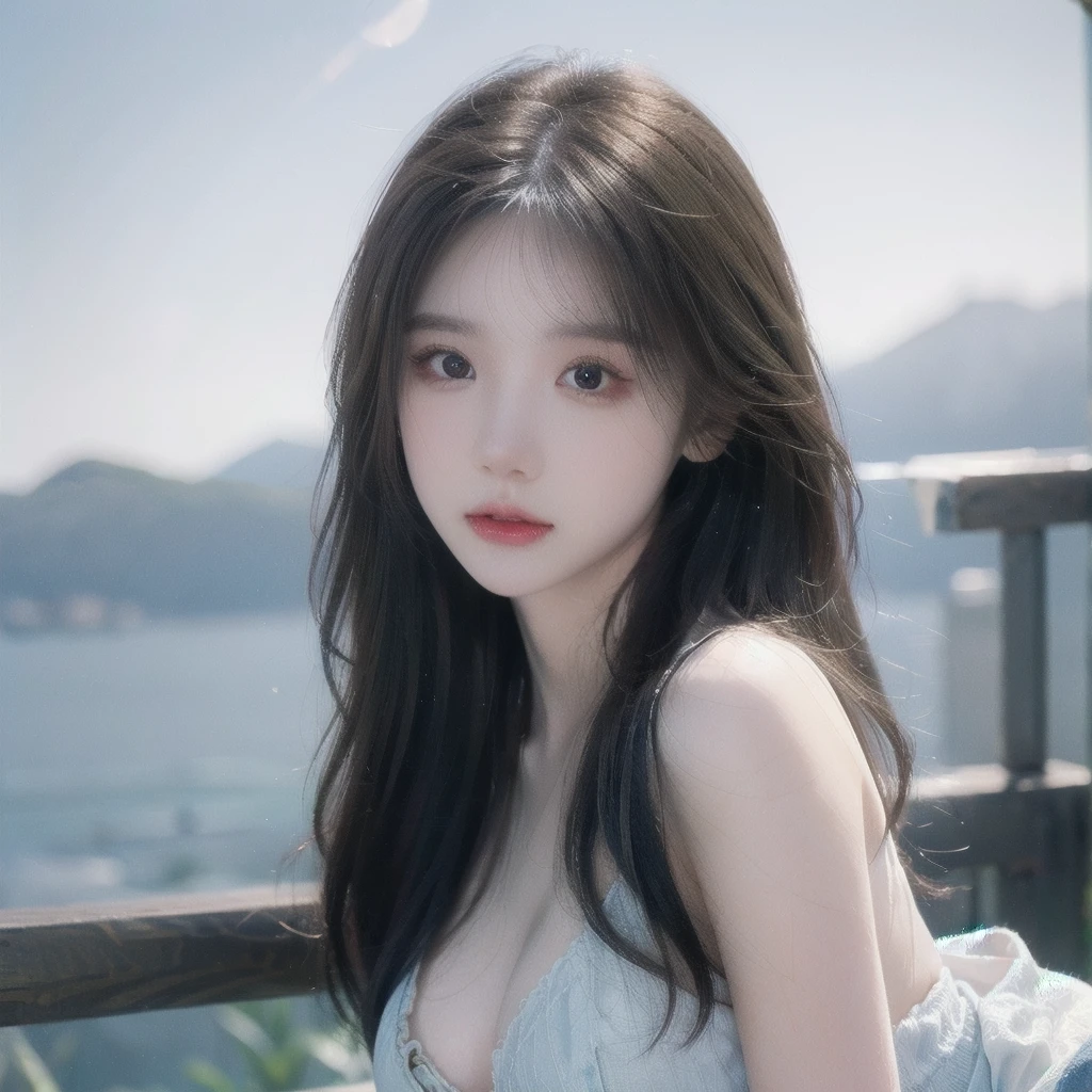 A realistic woman (in depth), her age (20 years old), her face is as beautiful as a princess (in fantasy), she has hair (straight, beautiful), her hair is (long), her hair is colored (black), her eyebrows are beautiful (like drops.  Her eyes are beautiful (like the princess of the moon), her face (no acne or dark spots), her body (perfect), her breasts (beautiful like water), her waist (thin, beautiful)  Her thighs and legs (beautiful slender) she wears fashionable clothes (year 2024) beautiful she is (masterpiece in depth) atmospheric background scenery (mountains by the sea, beautiful sunset in depth) picture quality (ultra  HD 4k)Her pictures were taken with a camera(Olympus pen-f mirrorless)(She is a work of perfection in depth)(Flawless work)(The most modern CG)