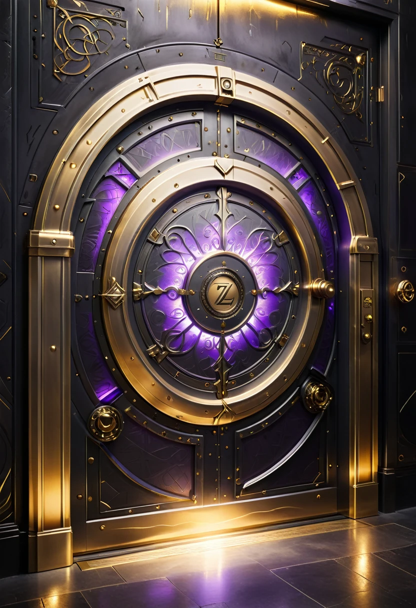 Create a mystical vault door with intricate, glowing tech runes etched into its metallic surface. The vault is slightly ajar, casting a warm golden light that highlights the advanced gadgets inside. Above the vault, place the text 'Z' in a flowing, elegant font that matches the magical aesthetic. Use a color scheme that includes deep purples, golds, and dark grays to convey a sense of mystery and high technology