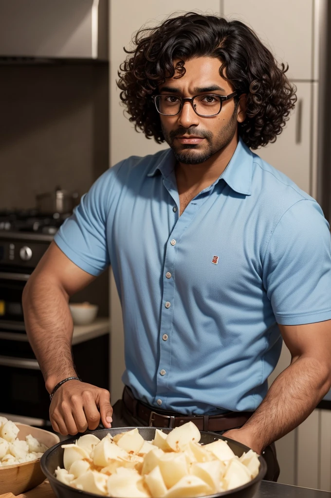 a brown man , wearing glasses with curly hair , terrified by a scary mashed potato dish