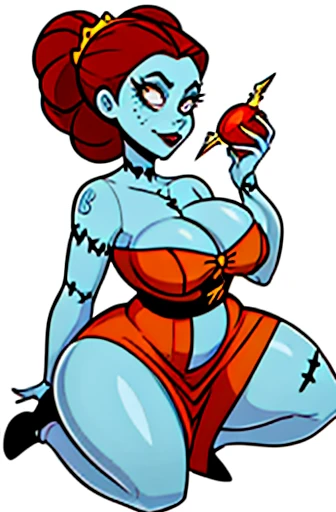 Bride of Frankenstein. sexy female Frankenstein monster. sally from "Nightmare Before Christmas". classic cartoon. in the style of a Ed Hardy tattoo. beehive hairdo with white streak. spiked up hair. on her knees. hair flowing upward. sewn together body. patch work doll. wide hips with bubble butt. metal bolts in her neck. bluish grey skin. white lace. stitched together skin. copper hair with white streak. friendly face. Curvy and thicc. voluptuous. full figured. mom bod. ginger with round face and freckles. white cocktail dress. slitted skirt. tall frizzy static hair. white streak in hair shaped like lightning bolt. bolts in her neck. strapless wedding dress with lots of cleavage. full body pose. electric hair. round plump breasts playful mischievous personality. goth rocker chick. pin-up girl. sexy pose. fun simple cartoon style with heavy ink lines and white background.