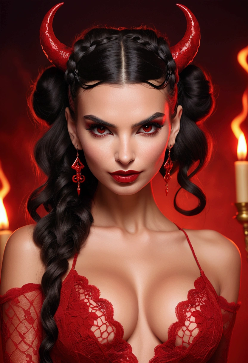 Full body shot Emily Ratajkowski devil, ringlets wavy five feet long black hair, updo hairstyle with ponytail on one side and long hairpins holding the bun long braid, strong thighs, dark red glossy lips, heavy red eye shadow long red eyeliner, long sharp claws, red lace beautiful and creative devil bodysuit, huge cleavage, devil horns, no earrings, no earrings, no earrings, no jewels, beautiful forehead lace ornament, posing in a feminine devil hell, happy expression, red ambience night time fire lights. No faces on her chest!