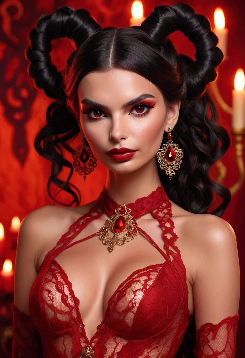 Full body shot Emily Ratajkowski devil, ringlets wavy five feet long black hair, updo hairstyle with ponytail on one side and long hairpins holding the bun long braid, strong thighs, dark red glossy lips, heavy red eye shadow long red eyeliner, long sharp claws, red lace beautiful and creative devil bodysuit, huge cleavage, devil horns, no earrings, no earrings, no earrings, no jewels, beautiful forehead lace ornament, posing in a feminine devil hell, happy expression, red ambience night time fire lights. No faces on her chest!