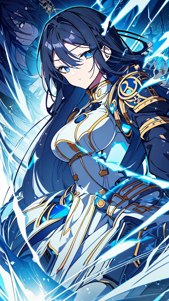 best quality, extremely detailed,anime style girl,long hair down to the waist, straight hair, ((dark black hair with bluish)),braid,beautiful detailed eyes, pinched eyes, (dark blue eyes),huge breasts,curvy,((((white and blue mechanical battle dress)))),clothing with complex patterns,hair ornament,cool expression,dynamic pose,((mysterious place)),dynamic angle