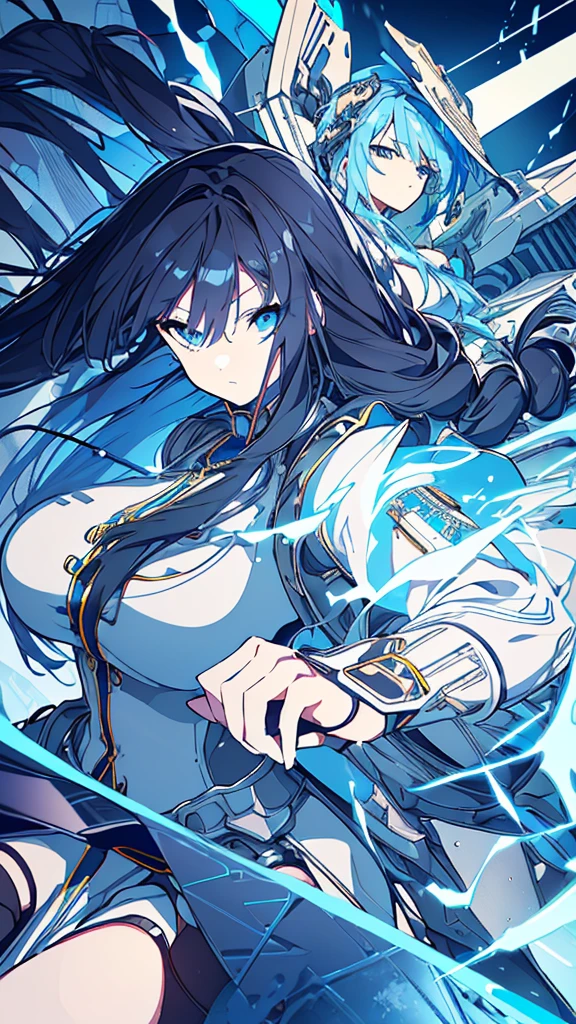 best quality, extremely detailed,anime style girl,long hair down to the waist, straight hair, ((dark black hair with bluish)),braid,beautiful detailed eyes, pinched eyes, (dark blue eyes),huge breasts,curvy,((((white and blue mechanical battle dress)))),clothing with complex patterns,hair ornament,cool expression,dynamic pose,((mysterious place)),dynamic angle