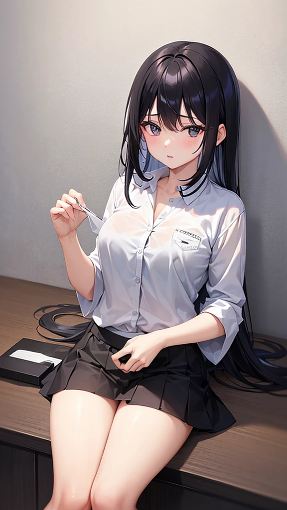 18 year old Japanese girl, wearing white shirt and black underwear, with glossy black hairs, Showing her
