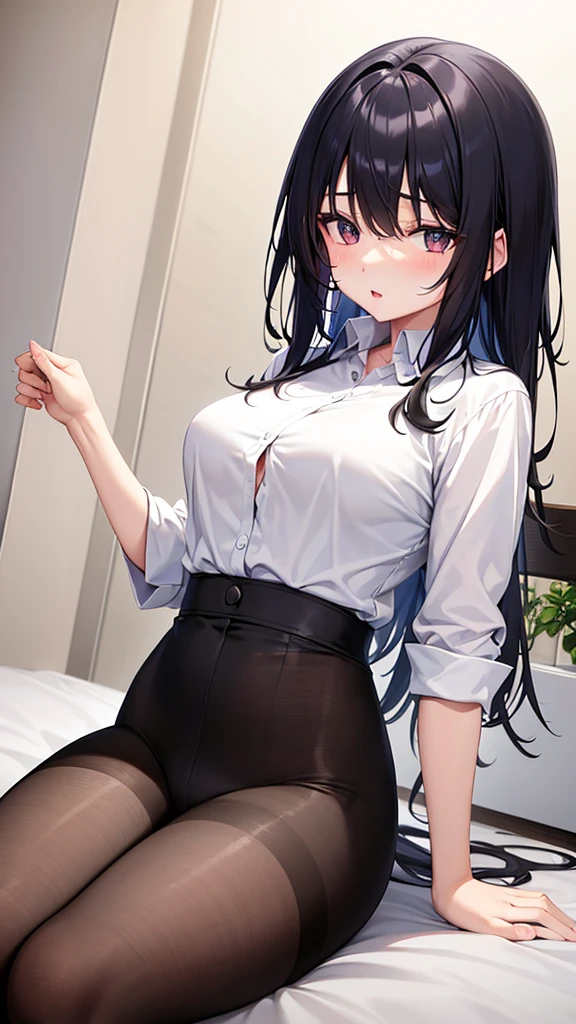 18 year old Japanese girl, wearing white shirt and black underwear, with glossy black hairs, Showing her 