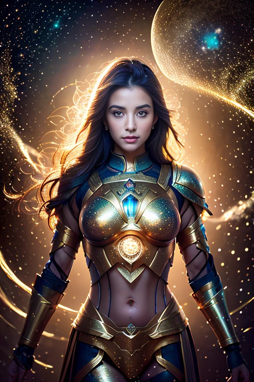 beautiful warrior woman in golden Greek armor, jet black hair, Hoplite helmet, muscular, Huge breasts, I look at the viewer, Foreground, ModelShot Pose, masterpiece, Best quality, 8 k, blurred background, Medieval fantasy castle in the background, (best quality,4k,8k,highres,masterpiece:1.2),ultra-detailed,(realistic,photorealistic,photo-realistic:1.37),quantum mechanics,mystery,beautiful girl,universal truth,illustration,cosmic backdrop,surreal elements,vibrant colors,hidden messages,ethereal atmosphere,magical effects,infinitely detailed quantum equations,intricate patterns,breathtaking visuals,subtle hints of the unknown,otherworldly dimensions,divine symmetry,cosmic harmony,transcendental beauty,deep metaphysical meaning,hauntingly beautiful girl,sublime revelation,subatomic particles dancing gracefully,whispered secrets of the universe,awe-inspiring universe,profound enlightenment,fleeting glimpses of reality,cosmic enlightenment,pure curiosity,quantum entanglement,secrets of existence unveiled,universal interconnectedness,sublime truth whispered in the wind,cosmic dance of particles,inner exploration,quantum fluctuations,sparkling celestial spheres,mystical symbols,interdimensional portals,transformative journey through space and time,celestial beauty unfolding before your eyes,subconscious awakening,serene essence of the universe.