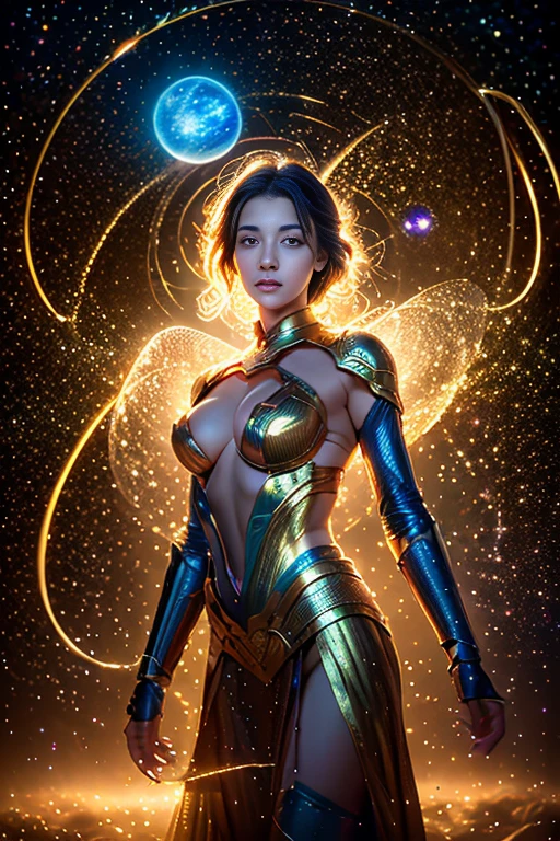 beautiful warrior woman in golden Greek armor, jet black hair, Hoplite helmet, muscular, Huge breasts, I look at the viewer, Foreground, ModelShot Pose, masterpiece, Best quality, 8 k, blurred background, Medieval fantasy castle in the background, (best quality,4k,8k,highres,masterpiece:1.2),ultra-detailed,(realistic,photorealistic,photo-realistic:1.37),quantum mechanics,mystery,beautiful girl,universal truth,illustration,cosmic backdrop,surreal elements,vibrant colors,hidden messages,ethereal atmosphere,magical effects,infinitely detailed quantum equations,intricate patterns,breathtaking visuals,subtle hints of the unknown,otherworldly dimensions,divine symmetry,cosmic harmony,transcendental beauty,deep metaphysical meaning,hauntingly beautiful girl,sublime revelation,subatomic particles dancing gracefully,whispered secrets of the universe,awe-inspiring universe,profound enlightenment,fleeting glimpses of reality,cosmic enlightenment,pure curiosity,quantum entanglement,secrets of existence unveiled,universal interconnectedness,sublime truth whispered in the wind,cosmic dance of particles,inner exploration,quantum fluctuations,sparkling celestial spheres,mystical symbols,interdimensional portals,transformative journey through space and time,celestial beauty unfolding before your eyes,subconscious awakening,serene essence of the universe.