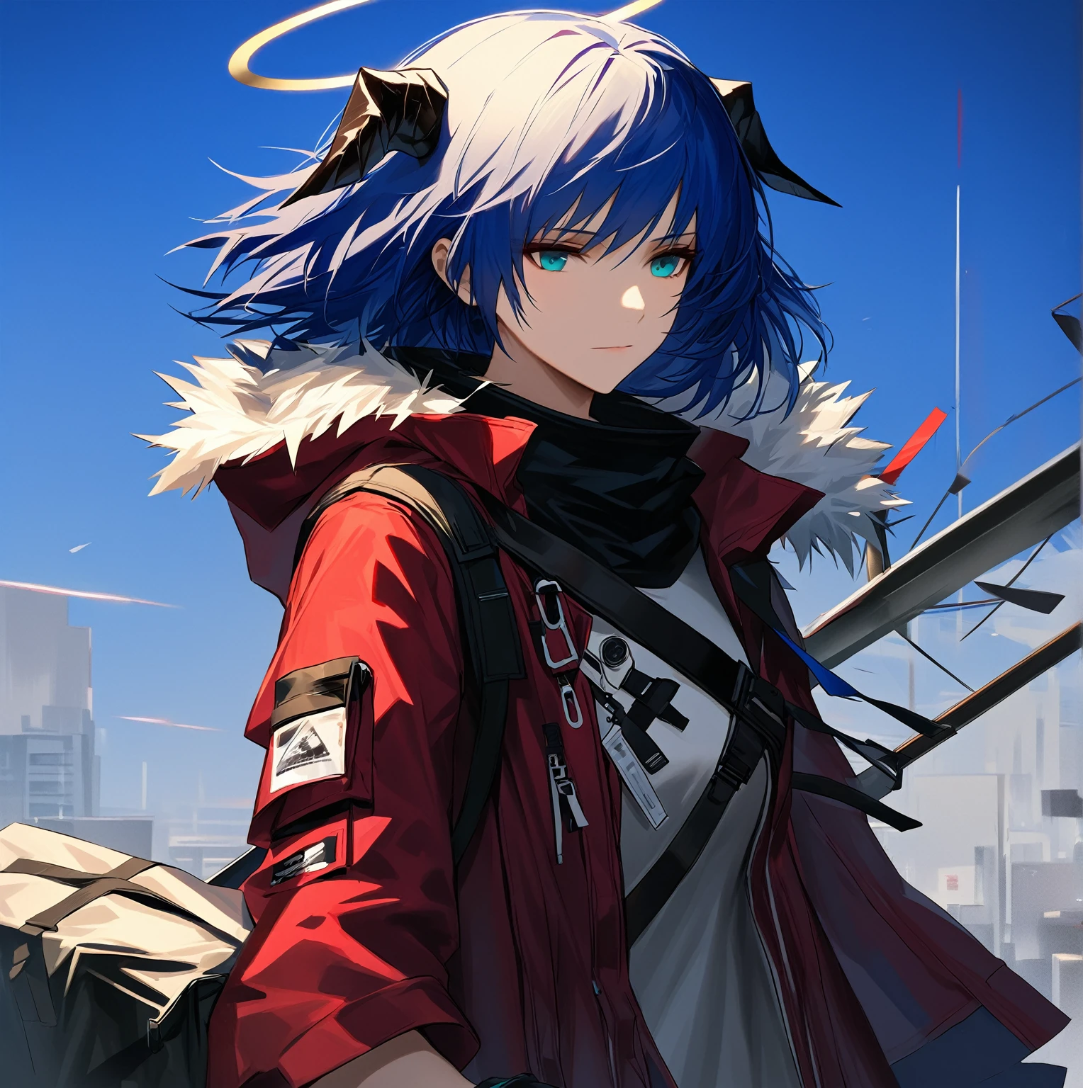 (woman), ((Mostima from arknights)), masterpiece, best quality, blue hair, ((short hair)), horns, plain white shirt, red fullbody coat, dark blue eyes, realistic anime style, faint smile, ((portrait)), black gloves, carring a bag, halo.