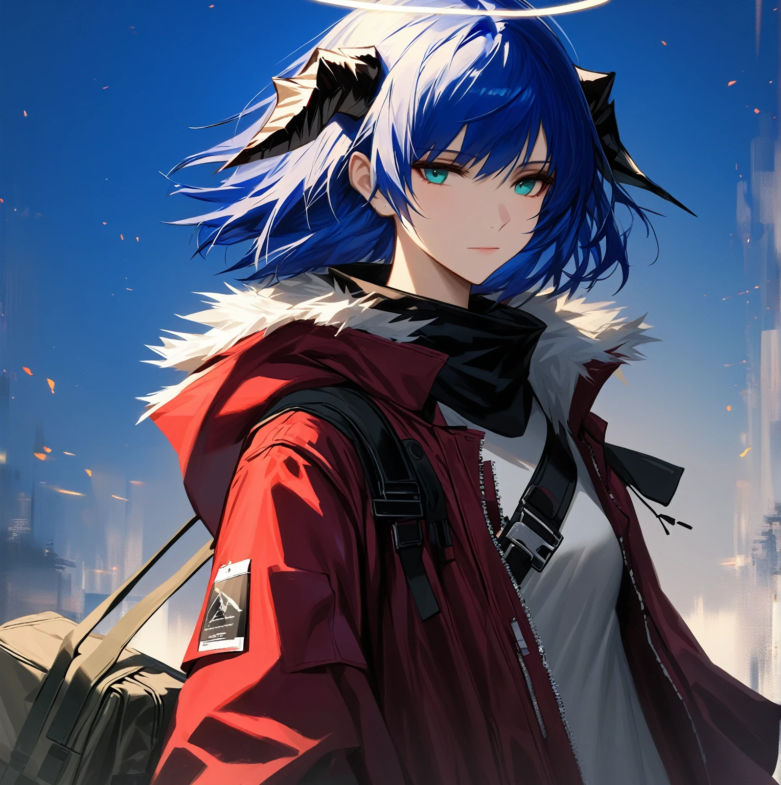 (woman), ((Mostima from arknights)), masterpiece, best quality, blue hair, ((short hair)), horns, plain white shirt, red fullbody coat, dark blue eyes, realistic anime style, faint smile, ((portrait)), black gloves, carring a bag, halo.
