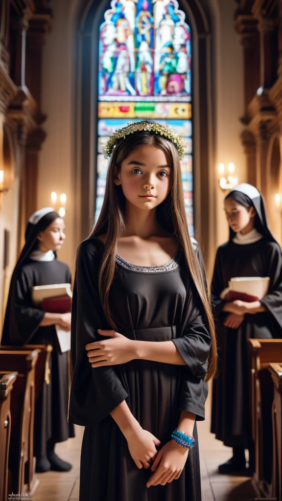 12 year old high school girl..., very long hair like rapunzel, flower crown on head,princess face,innocent,tender,totally naked without clothes ,erect nipples,big breasts, thin waist, long and shapely legs, bracelets on the wrists, whole body, barefoot,posing in convent, church, in the background three elderly monks with cassocks,ultra high definition, realist, vivid colors, muy detailed, UHD drawing, Pen and ink, perfect composition, beautiful, detailed, intricate, increíblemente detailed, octane rendering, trend on Artstation, 8k art photography, photorealist concept art, Soft natural volumetric cinematic perfect light