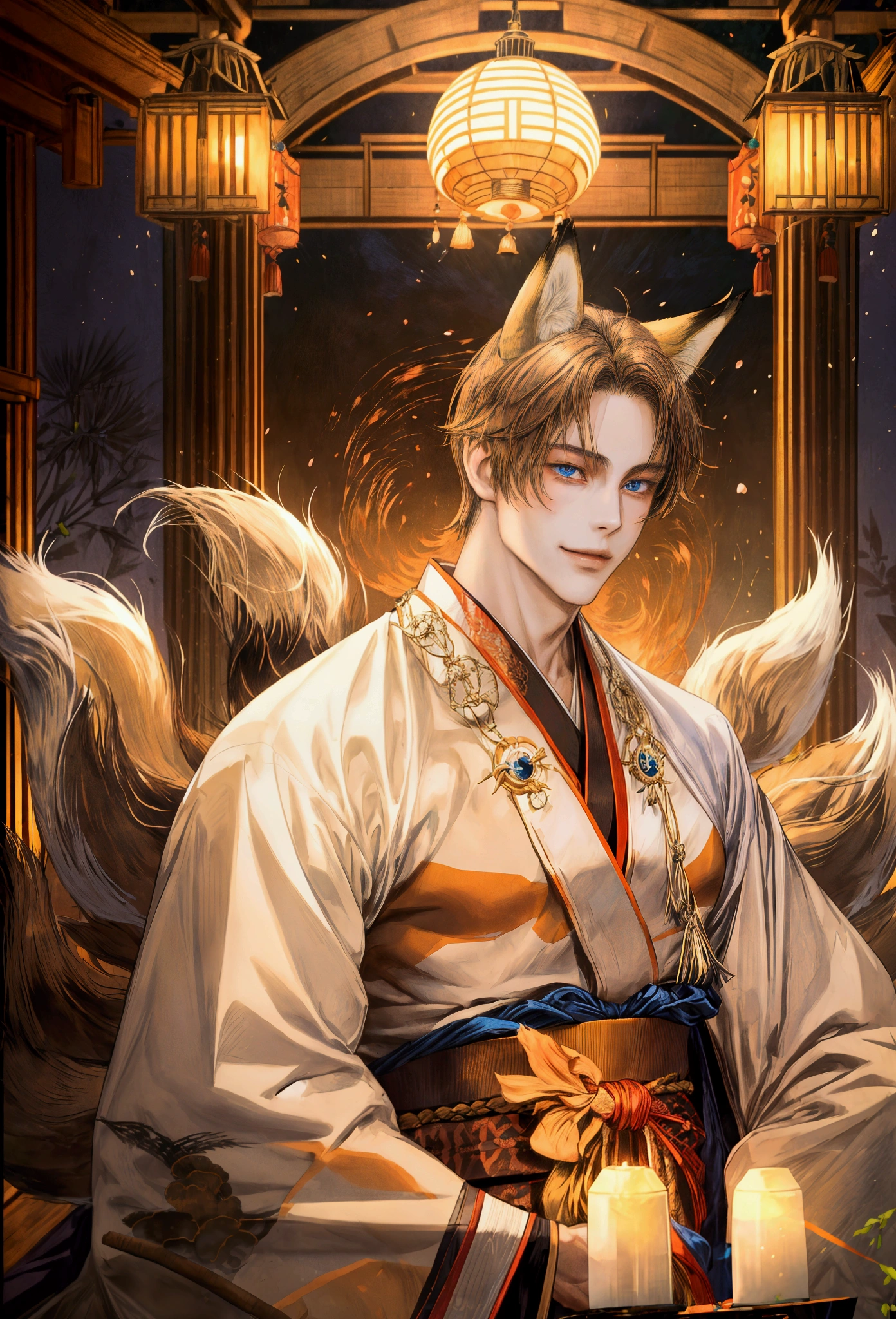 handsome kitsune hybrid man, 30 years-old, fair skin, ((long silky light brown hair)), blue eyes, ((fox ears)), ((fox tail)), wearing silk kimono, lean, athletic, seductive smirk, japanese environment, best quality