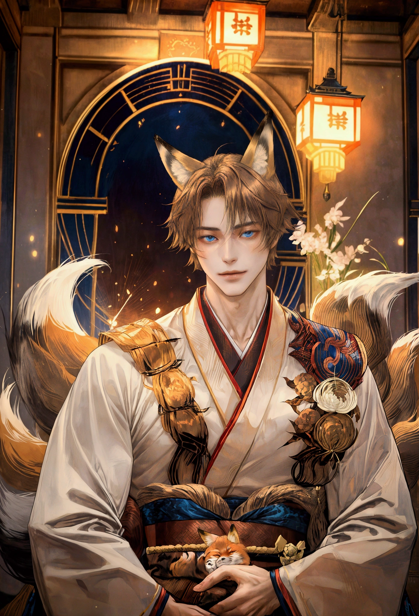 handsome kitsune hybrid man, 30 years-old, fair skin, ((long silky light brown hair)), blue eyes, ((fox ears)), ((fox tail)), wearing silk kimono, lean, athletic, seductive smirk, japanese environment, best quality