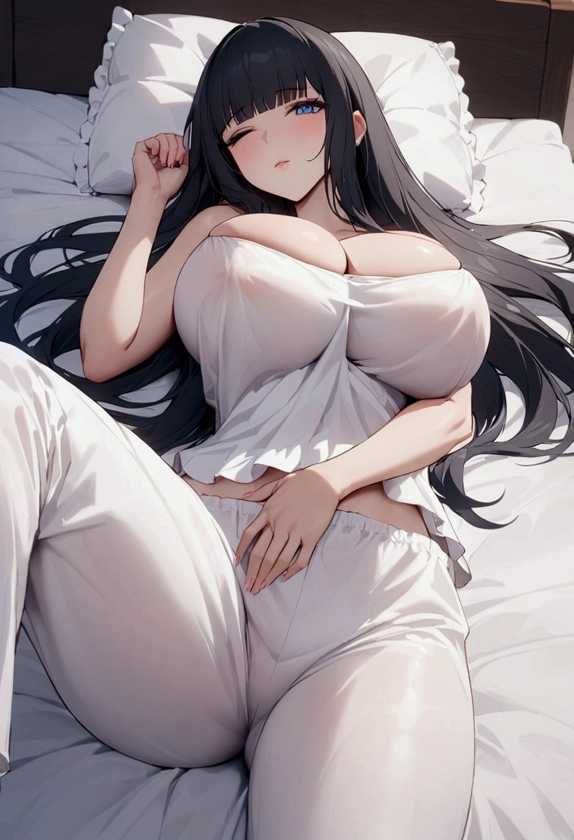 Hime cut with long black hair、Has straight bangs and blue eyes、Girls with very large breasts。Wearing a pajama trouser set。rather large udder。Unbelievably large breasts。Lying alone in bed with my eyes closed。The fabric is opaque