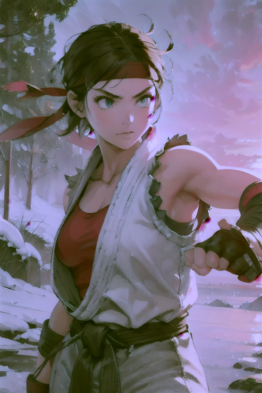 (masterpiece, best quality:1.2), expressive eyes, perfect face, highres, 1girl, solo, ryu \(sf\), (female:1.5), black hair, short hair, dougi, fingerless gloves, headband, fighting pose, portrait, looking at the viewer, cowboy shot