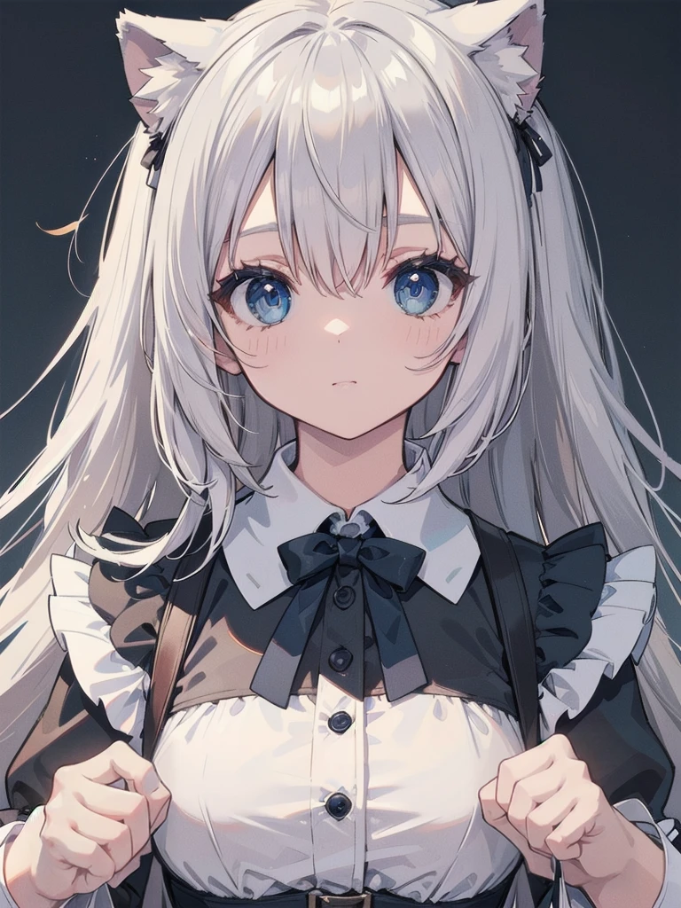 (Animal ears), Light silver hair, Blue eyes, French maid costume, (masterpiece), (Highest quality), (Very detailed), more_detailed:-1, more_detailed:0, more_detailed:0.5, more_detailed:1, more_detailed:1.5, Shine