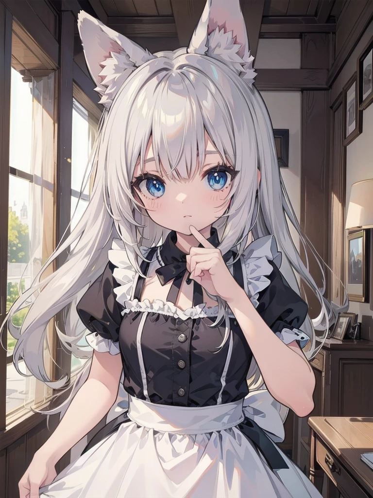(Animal ears), Light silver hair, Blue eyes, French maid costume, (masterpiece), (Highest quality), (Very detailed), more_detailed:-1, more_detailed:0, more_detailed:0.5, more_detailed:1, more_detailed:1.5, Shine