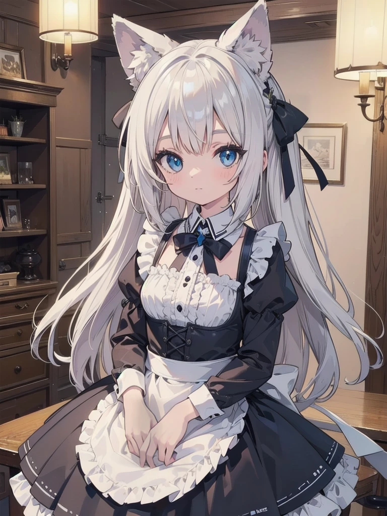 (Animal ears), Light silver hair, Blue eyes, French maid costume, (masterpiece), (Highest quality), (Very detailed), more_detailed:-1, more_detailed:0, more_detailed:0.5, more_detailed:1, more_detailed:1.5, Shine