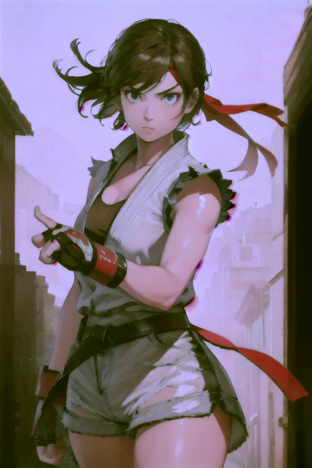 (masterpiece, best quality:1.2), expressive eyes, perfect face, highres, 1girl, solo, ryu \(sf\), (female:1.5), black hair, short hair, dougi, fingerless gloves, headband, fighting pose, portrait, looking at the viewer, cowboy shot