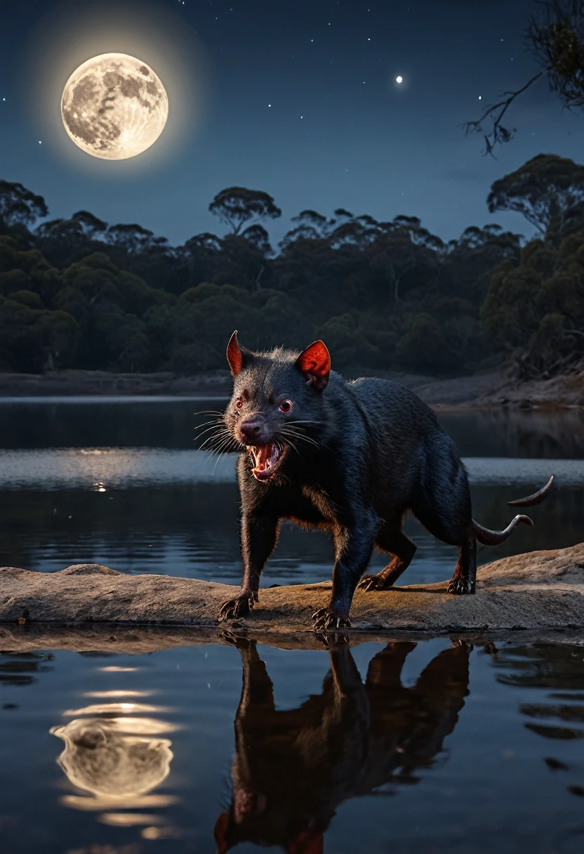 Tasmanian Devil, in attack position, forst, darkly, scared animals, fullmoon, lake reflecting the moon, 8k, 4D
