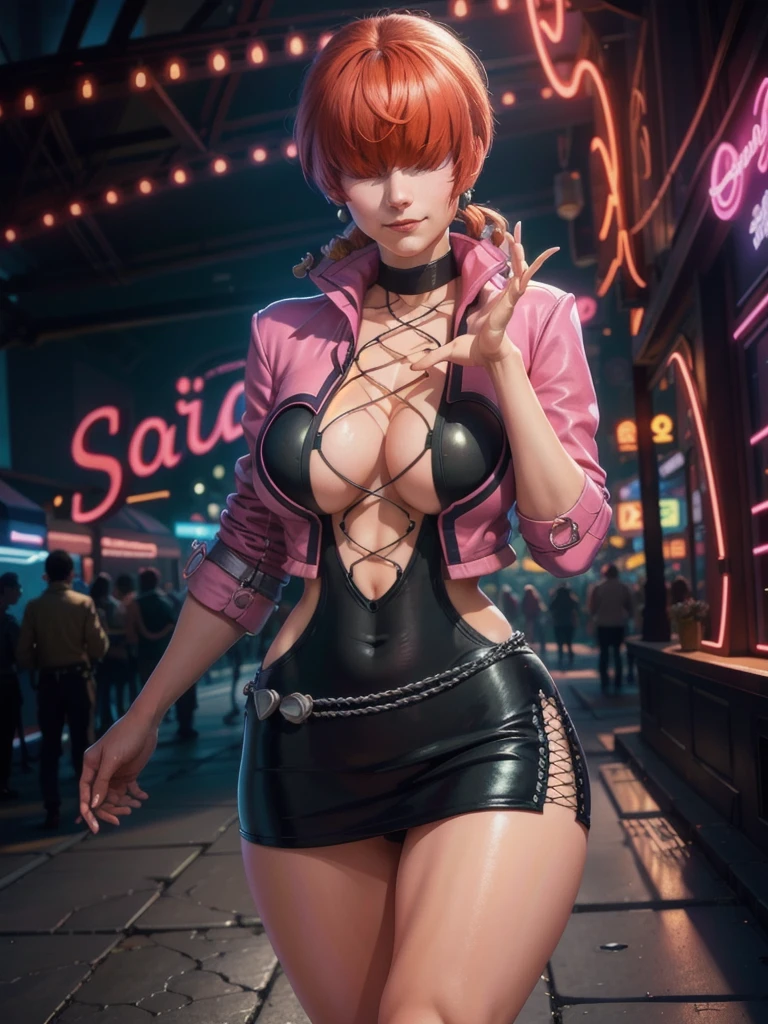 (at night), in a video game scene with a neon background and a neon light, standing at attention, pink suit, pink jacket, choker, neckline, cut of clothing, earrings, has long bangs in her hair that covers eyes ((hair over eyes)), 1 girl, 20 years old, young woman, beautiful finger, beautiful long legs, beautiful body, beautiful nose, beautiful character design, perfect face, looking at the viewer (focusing on her face), closed mouth, Light_Smile, official art, extremely detailed CG unity 8k wallpaper, perfect lighting, bright and colorful front lighting, glowing skin, (masterpiece: 1.0), (best_quality: 1.0), ultra high resolution, 4K, ultra photography detailed, 8K, HDR, high resolution, absurdities:1.2, Kodak portra 400, film grain, blurred background, bokeh:1.2, lens flare, (vibrant_color:1.2), professional photography, (Beautiful, breasts: 1.4), ( beautiful_face: 1.5 ), (narrow waist),