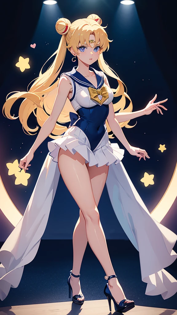 Sailor Moon anime character, adult woman, blond hair, blue eyes, long hair with two buns, heart-shaped face in a white negligee and high heels on a catwalk with an audience in the background 
