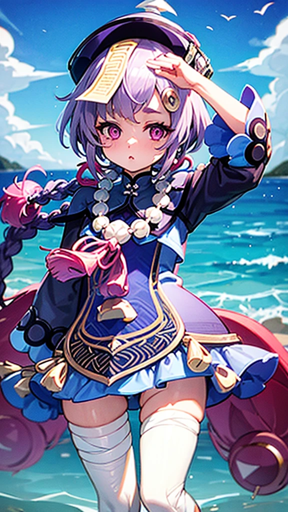 Naked, smoll stature, purple eyes, purple hair, short hair, beach