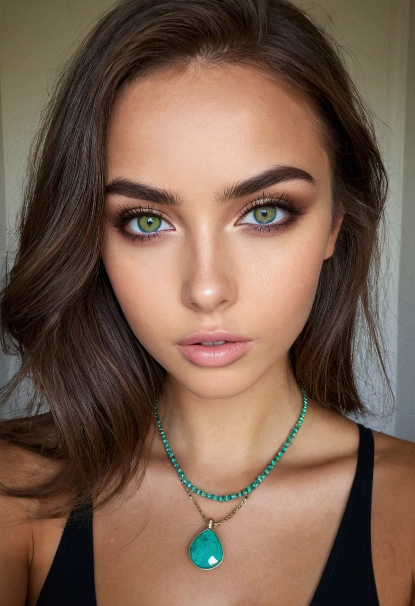 Arafed Femme latina portant un débardeur blanc et un collier, Fille sexy aux yeux verts, peau bronzée, Portrait Sophie Mudd, cheveux bruns et grands yeux, selfie d&#39;une jeune femme, yeux de la chambre, Violette Myers, sans maquillage, Maquillage naturel, regardant directement la caméra, Cara con artgram, maquillage subtil, Impresionante foto de corps entier, yeux verts perçants, bel angle, pose attrayante, Mignon , pose sexy, Image du corps entier, corps entier, séance photo sur tout le corps, déesse brune, Détail élevé, Pose satisfaite, pantalon en cuir