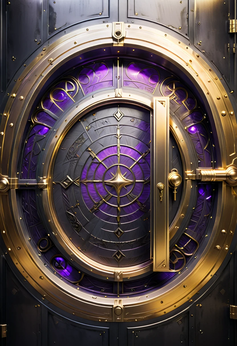 Create a mystical vault door with intricate, glowing tech runes etched into its metallic surface. The vault is slightly ajar, casting a warm golden light that highlights the advanced gadgets inside. Above the vault, place the text 'Z' in a flowing, elegant font that matches the magical aesthetic. Use a color scheme that includes deep purples, golds, and dark grays to convey a sense of mystery and high technology